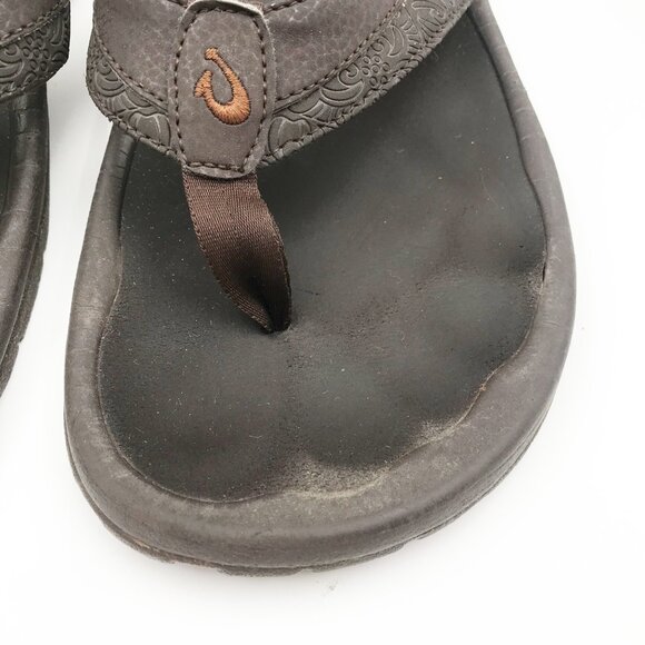 OLUKAI Brown Leather Flip Flop Thong Sandals Mens 10 - Picture 6 of 11